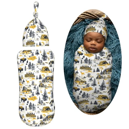 Image of Deer Black Pine Trees Newborn Swaddle Blankets Hat Sets Soft Baby Receiving Blanket Swaddle Sack for Baby Shower Infant Boy Girl Gift
