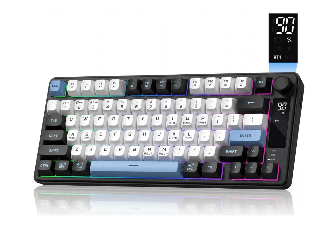 Womier DK75 ゲーミングキーボード ワイヤレス、75％レイアウト、トライモード（有線/BT/2.4GHz）、静音キー、RGBバックライト、多機能ノブ、ディスプレイ付き、Windows/Mac対応