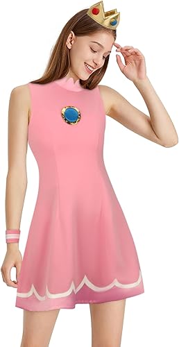 Miniatura 2 de Tappkice Vestido de princesa rosa para mujer, disfraz de cosplay con corona, sin mangas, chaleco, falda, traje deportivo de Halloween