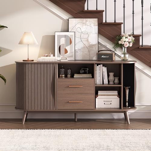 Image of Sideboard Buffet Cabinet with Storage, Mid Century Accent Cabinet with Sliding Doors, Minimalist Media Console with Solid Wood Legs, Fluted Credenza for Living Room Entryway Kitchen, Walnut