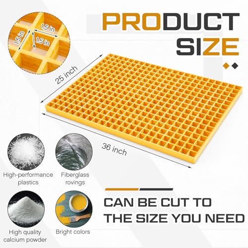 Image of Cinnvoice 1 Pcs Fiberglass Molded Grating, Non-Slip Frp Bar Grate Panel 1.5 inch Square Open Mesh Industrial Grating for Floor, Platform, Deck, Drain Trench, Car Wash (36 x 25 x 1.5 Inches,Yellow)