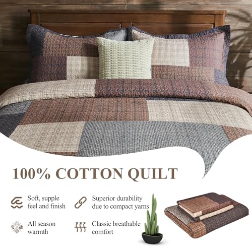 DDUOXIN Farmhouse Plaid Queen Quilt Set - 100% Cotton Quilts with 2 Pillow Shams, Bedspread Lightweight Thin Comforter Bedding Sets for All Seasons, Brown/Dark Brown, Queen(90" W x 98" L) — view 5
