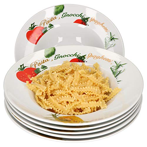 Van Well 6er Pasta-Teller-Set Milano mit Aufdruck I Ø 27 cm Porzellan-Teller I tiefe Nudelteller I Suppenteller mit breitem Rand I Design Pastateller bunt zum Servieren für Nudelgerichte