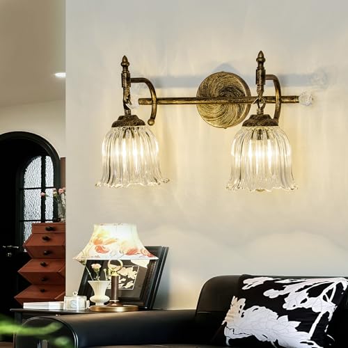 Image of CVKASH 2-Light Bathroom Vanity Light Fixtures Over Mirror,Bronze Modern Vanity Light with Glass Shade Vintage Wall Sconce for Bedroom Dressing Room Living Room Hallway Cabinet