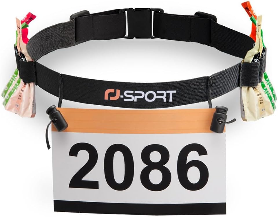 RJ-Sport Race Number Belt - Triathlon Race Belt BIB Holder with 6 Energy Gel Loops for Triathalon, Marathon, Running and Cycling