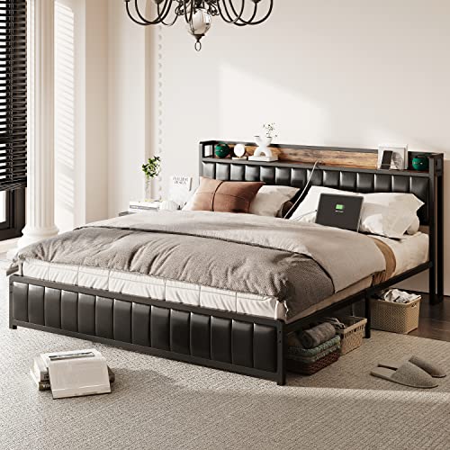 Anctor King Bed Frame With Storage Headboard & Footboard, Upholstered Platform Bed With Usb Ports & Outlets, Strong Steel Slats Support Mattress Foundation, No Box Spring Needed #TOP2