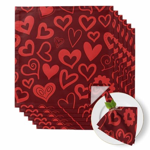 Red Loves Cloth Napkins Set of 6, Holiday Napkins for