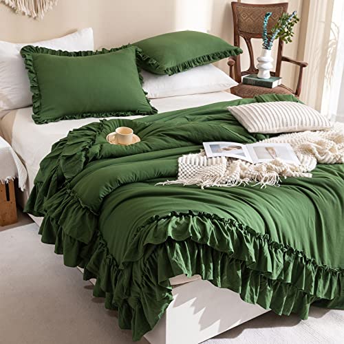 Masaca Olive Green Comforter Set Queen,Farmhouse Bedding Queen Size Comforter Set with Ruffle,Shabby Boho Chic French Country Dark Green Bedding Sets 3 Pieces