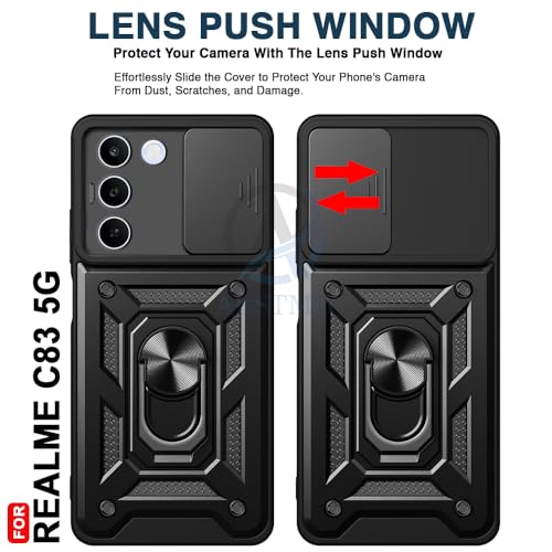 Image of AESTMO Tough Armor Realme C83 5G / Realme P4 Lite 5G Bumper Back Case Cover | Ring Holder & Sliding Camera Shield Cover | 360 Degree Protection Back Case Cover (Black)