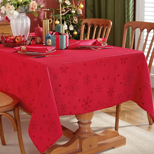 MATIRUG Christmas Tablecloth Rectangle 52x70 Inch,Waterproof Wrinkle Free Red Snowflake Jacquard Fabric Table Cloth for Xmas Winter Holiday New Year – Image 3