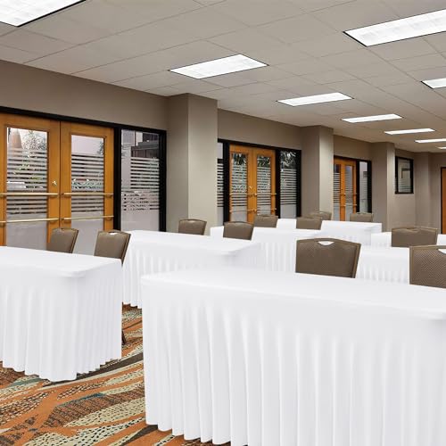 Image of White Spandex Table Skirt for 8 Foot Rectangle Tables 2 Pack 96x30 In | Stretch Fitted Table Covers, Wrinkle Free Ruffle Design Tablecloths for Wedding Banquets,Party, Banquet, Birthday, Events