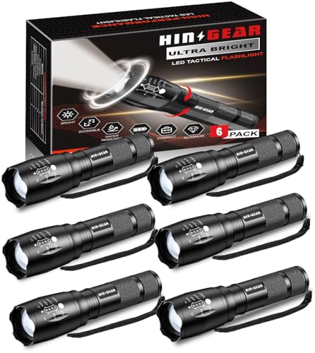 HinsGEAR 1 Mode Flashlights 6 Pack, Bright Zoomable LED Tactical Flashlight High Lumens, Water Resistant Portable Pocket Flash Light for Emergency, Camping Essentials, Gift - SL2000