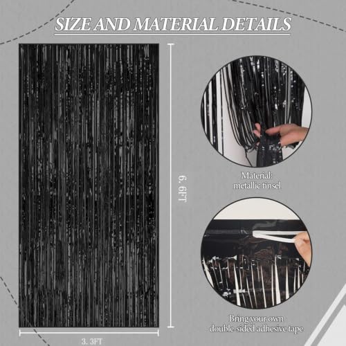 Image of DECOCKRAT 2 Pack Foil Fringe Backdrop - Black Shiny Tinsel Curtains for Party Decoration /Photo Booth Props - 3.3x6.6 FT Metallic Foil Backdrop for Birthday, Wedding, Graduation, Christmas.
