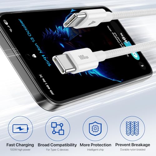 Image of DR VAKU 100w PD Braided Type C To Type C Cable 2M Fast Charging High Speed Data Transfer for iPhone, MacBook, Monitor, Laptop, iPad, Tablets, Samsung, Hp, Dell, Microsoft,Lenovo Type C Devices-White