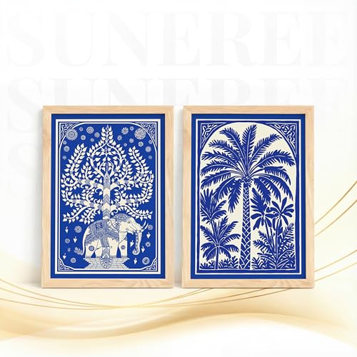 Image of Suneree Blue White Elephant Tree of Life Wall Art Painting | Set of 2 Framed Paintings | Indian Folk Art Decor for Living Room Bedroom Home Office | (ART 10, 10x13 INCHES)