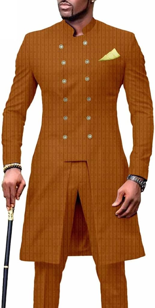 YANKIA Men's African Long Sleeve 2 Piece Set Dashiki Shirts and Trouser Outfits Tracksuit Jacket Pants Suit Kaftan Clothes (Color : Date red, Size : Small)