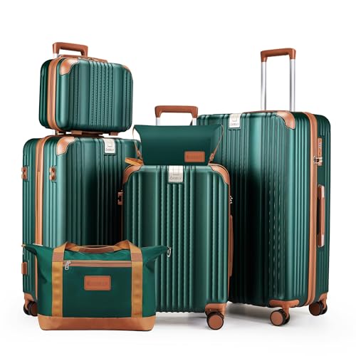 Image of Luggage Set 6 Piece Luggage with PC+ABS Hardshell TSA Lock Spinner Wheels Carry on Lightweight Suitcase Cup Holder,YKK Zippers and Hoot(Dark Green, 6 piece sets(14 /20 /24 /28 /DB /TB))