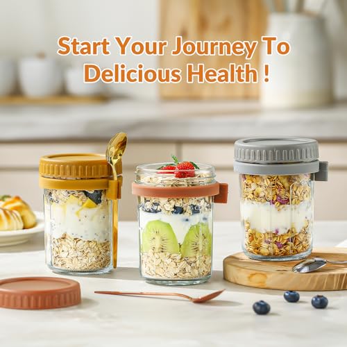 Image of 16 Oz Glass Overnight Oats Containers with Lids and Spoon Chia Pudding Jars | 4 Pack Mason Jars, Leak-proof and Portable, Wide-mouth Design for Storage & Meal Prep Yogurt, Cereals, Fruit, Snack, Sugar