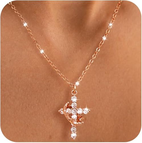 Cross Necklace for Women - Dainty Necklaces Trendy Small 14K Gold Plated Hypoallergenic Infinity Crown Cross Cubic Zirconia Pendant Box Rope Chain Necklace for Women Non Tarnish Jewelry Gift