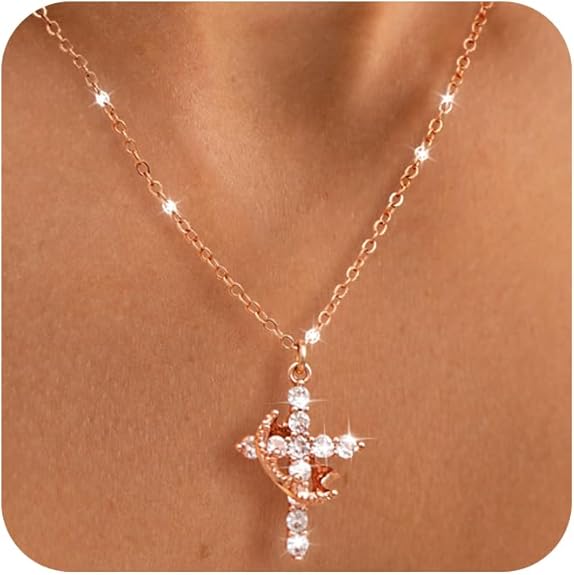 Cross Necklace for Women - Dainty Necklaces Trendy Small 14K Gold Plated Hypoallergenic Infinity Crown Cross Cubic Zirconia Pendant Box Rope Chain Necklace for Women Non Tarnish Jewelry Gift