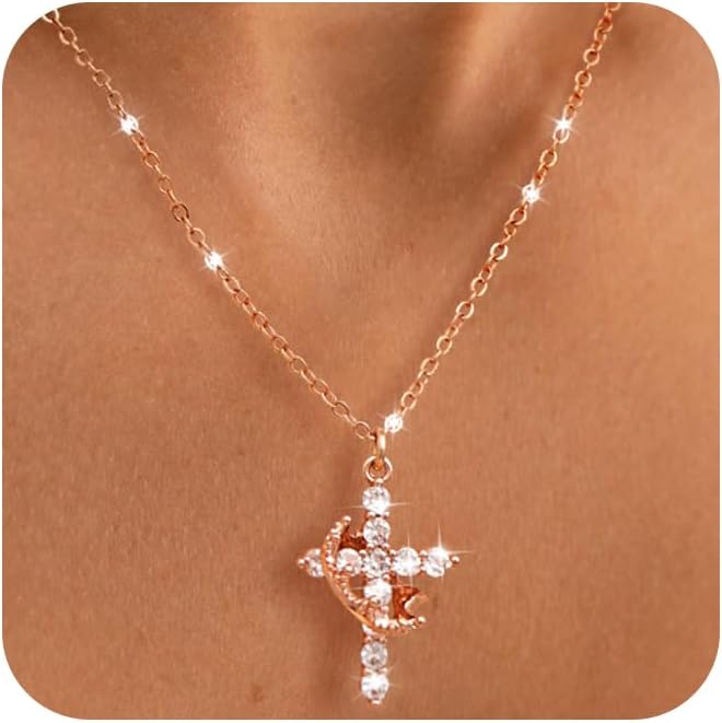Cross Necklace for Women - Dainty Necklaces Trendy Small 14K Gold Plated Hypoallergenic Infinity Crown Cross Cubic Zirconia Pendant Box Rope Chain Necklace for Women Non Tarnish Jewelry Gift
