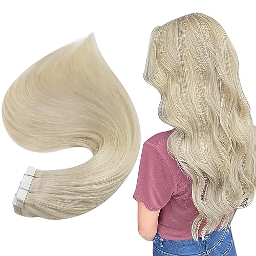 Image of Full Shine Blonde Tape in Hair Extensions Human Hair 18 Inches Color Platinum Blonde 60 Double Sided Tape ins Human Hair Extensions Invisible Skin Weft 20Pieces 50Grams for Women Soft
