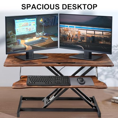 38-Inch Height Adjustable Standing Desk Converter, Sit to Stand Workstation with Dual Monitor & Laptop Riser, Wide Keyboard Tray, Perfect for Home, Office, School, Black/Brown - Image 8