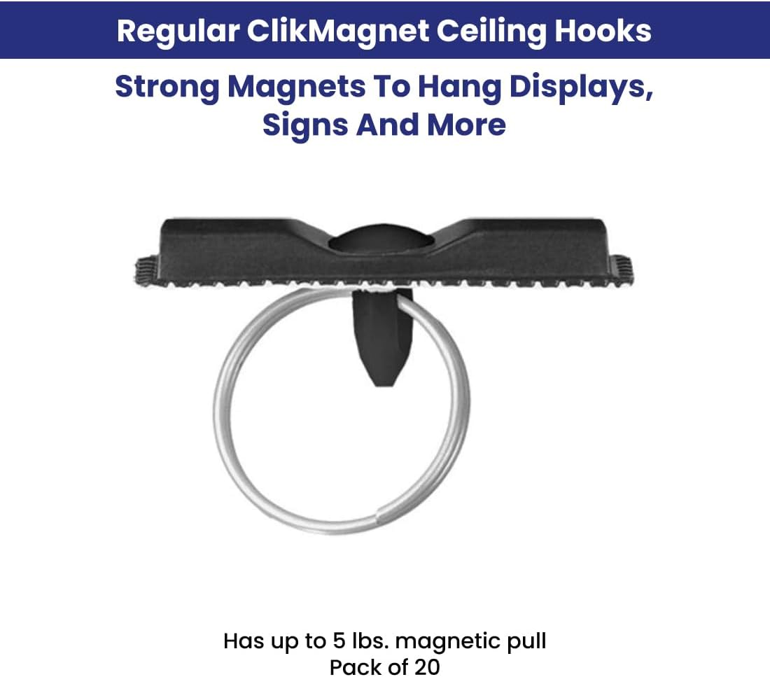 Clik-Clik Regular ClikMagnet Ceiling Hooks - Strong Magnets to Hang Displays, Signs, and More - Magnets with 5 lbs Pull - Pack of 6, Black