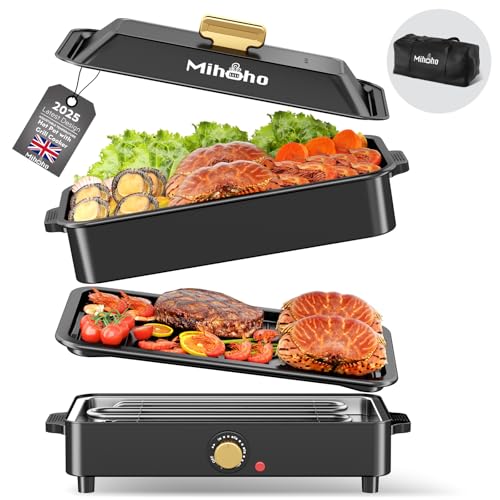 Slow Cooker Large Capacity Non-stick Vessel with Lid, 1400W 2-in-1 Electric Skillet for Grill and Hotpot with Carry Bag, Cooker with Adjustable Temperature (pure black)