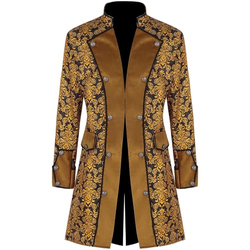 Cexiakong Chaqueta para hombre Frack Steampunk Gótico Falda Uniforme Fiesta Tops Esmoquin Abrigo Retro Victoriano Largo Uniforme Vestido Plus Talla Hombres Manga Larga Carnaval, amarillo, M