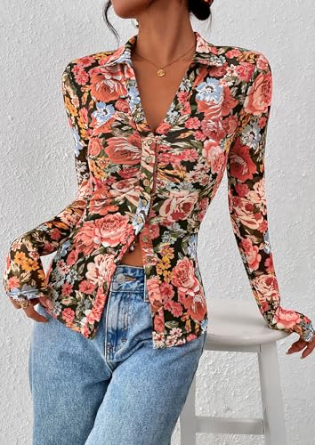 PRETTYGARDEN Women Button Down Floral Shirts 2025 Fall Trendy Long Sleeve V Neck Ruched Fitted Mesh Blouse Tops Date Outfits4