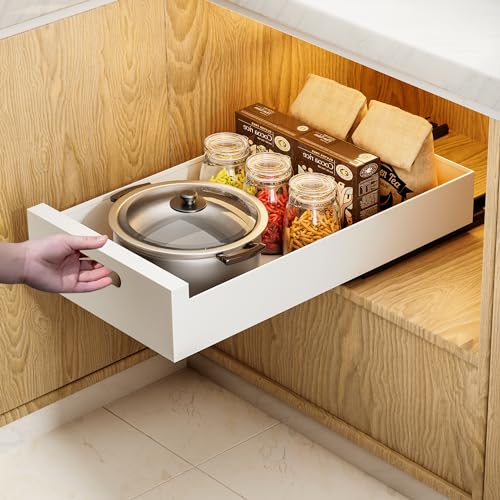 HBL’ 1 Pack | 21″ Deep Pull Out Cabinet Organizer Adhesive, 10-Inch Wide Sturdy Carbon Steel Roll-Out Drawers, Designed for Frameless Cabinets, Slide-Out Shelves for Pantry.