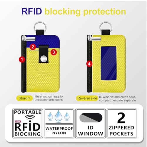 Image of Minimalist RFID Blocking Small Wallet with ID Window,WaterResistant Zip Id Case Wallet with Lanyard Keychain for Cards,Cash,Travel,Women,Men (Lemon Yellow /Sapphire Blue)