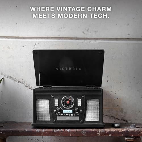 Image of Victrola Navigator - 8-in-1 Bluetooth Record Player - Espresso | Real wood cabinet plays vinyl, CD, cassette, FM radio, USB and aux, built-in speakers, remote control included