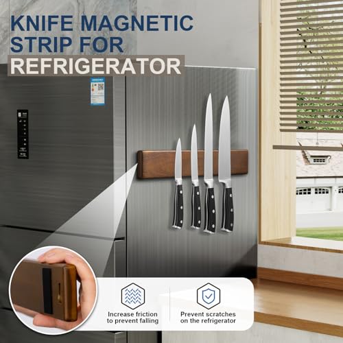 ENOKING Magnetic Knife Holder for Wall, Knife Magnetic Strip No Drilling 40 cm, Powerful Magnetic Kitchen Knife Holder, Acacia Wood Wall Knife Holder Magnet Magnetic Knife Bar with 4 Hooks - Image 4