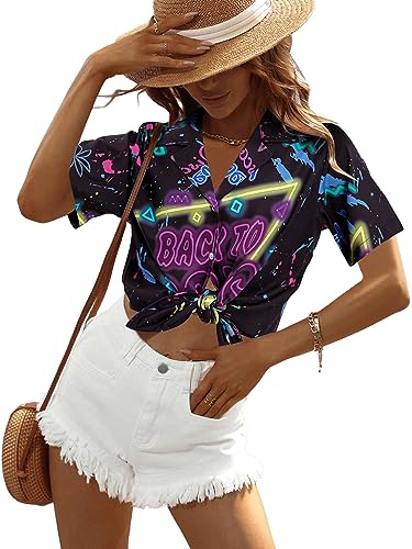 MYHALF 80s Outfit for Women 80'S Neon Shirts 80s 90s Themed Party Outfits Retro Button Down Short Sleeve Clothes Top4