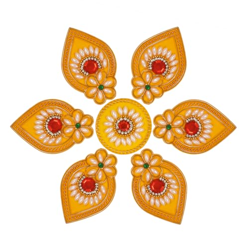 Acrylic Yellow Floor Rangoli Combo with Red Laxmi Charan Paduka Traditional Indian Wall & Floor Sticker for Diwali Pooja Temple & Home Decor Festival Gift 8 Inch Acrylic Rangoli