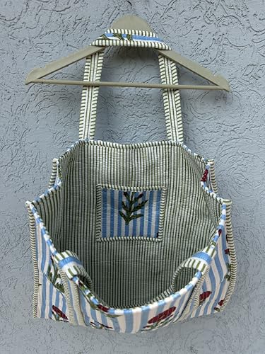 Image of Quilted Cotton Hand printed Reversible Large multicolor cotton Tote Bag,Indian Handmade Block Printed Tote Bag Women Handbag