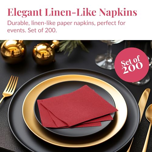 Image of Prestee Linen Feel Guest Towels - Paper Hand Towels - Cocktail Napkins - 5inch Folded / 9.5inch Unfolded - 200 count - Soft and Absorbent Disposable Napkins for Parties and Events - Red