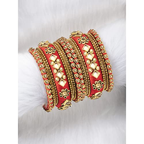 Image of Peora Silk Thread Kundan & Stone Studded Chuda Bangles Set Gift for Women