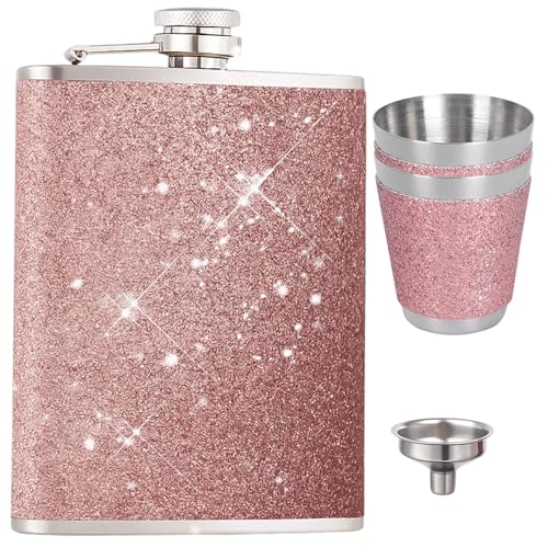 Flask, Flachmann Pink Edelstahl 4er Set, 240ml Kapazität, Flachmann Versteckt Mit Trichter Und 2 Tassen, Ideal Für Outdoor, Party Und Geschenke, Rosa