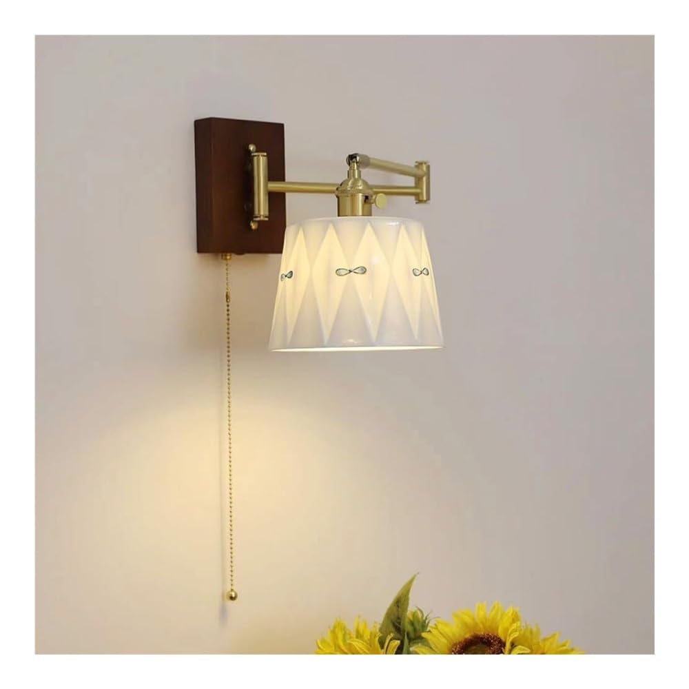 OZBMA Vintage Brass Wall Lamp White Ceramic Light Adjustable Swing Arm Sconce for Living Room Bedroom Bedside Stairs Lantern(17cm/6.7in) (size_name 17cm/6.7in)