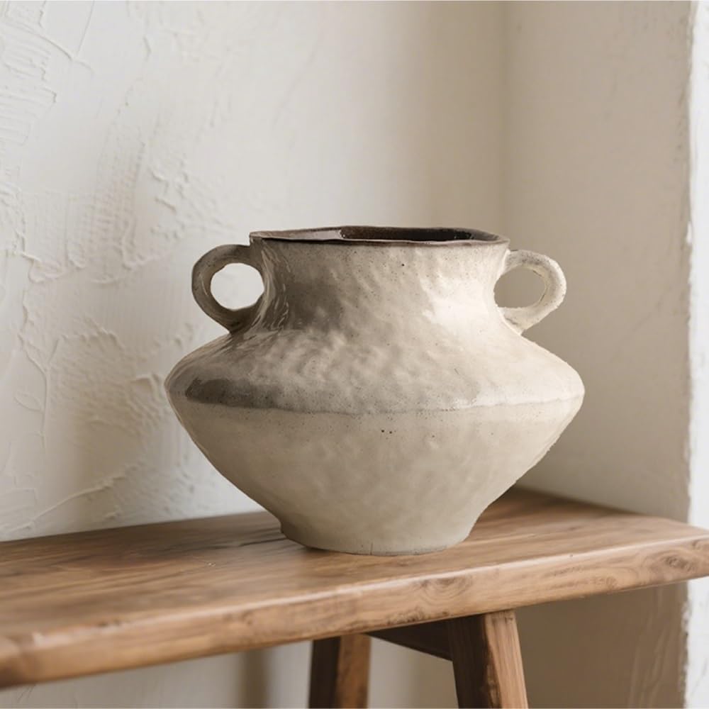 Vaso da fiori in ceramica diametro 10 cm con doppie orecchie, fioriera for piante da interno, portafiori secchi, ornamento da tavolo(White)