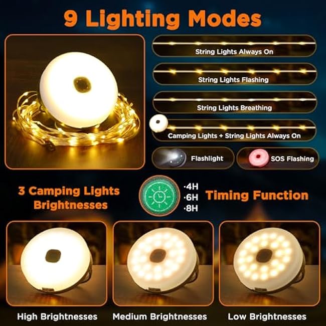 Retractable Camping String Lights, 33FT 3000 mAh Rechargeable 4 in 1 Tent Lights String with 9 Modes, Outdoor Portable Camper Lighting Waterproof, Camp Lamp for Party, Yard, Hiking Essentials
