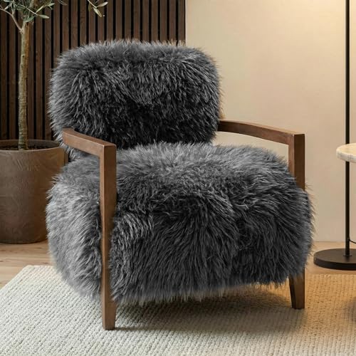 Aenkyo Comfy Faux Fur Accent Chair, Modern Long-Haired Single Sofa with Walnut Wood Arm, Fluffy Living Room Seating, No Assembly Needed,Grey