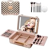 Mocado Travel Makeup Case with Lighted Mirror, Makeup Box with 8 Makeup Brushes and 10x Magnifying Mirror, Adjustable Brightness Makeup Train Case with Makeup Brushes Divider(Rose Gold)