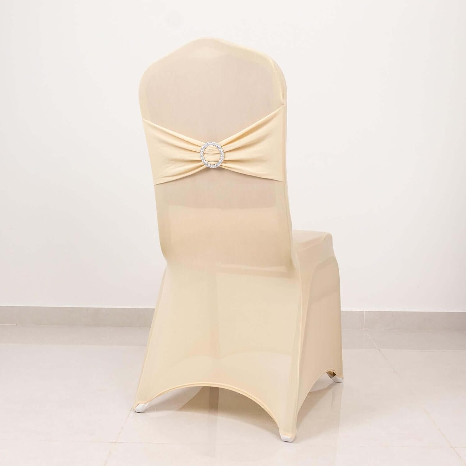 Efavormart Beige Spandex Banquet Slip On Chair Cover with Silver Rhinestone Buckled Sash Band, Stretched Fitted Chair Cover