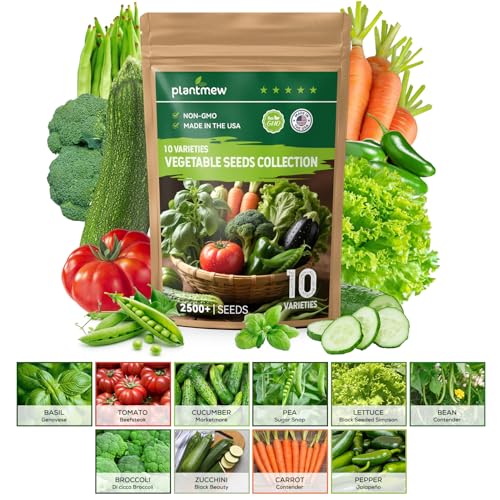 PLANTMEW 10 Vegetable Seeds Pack - Non GMO, Heirloom - Basil, Snap Pea, Broccoli, Bean, Jalapeño Pepper, Tomato, Lettuce, Cucumber, Carrot, Zucchini Seeds for Planting Home Garden