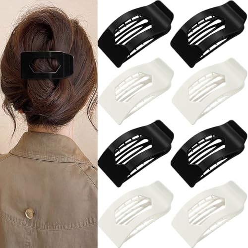 Image of 8 Pack Black White Flat Hair Clips for Women - Large Glossy Rectangle No-Slip Claw Clips for Thick & Thin Hair, Strong Hold Square Hair Accessories