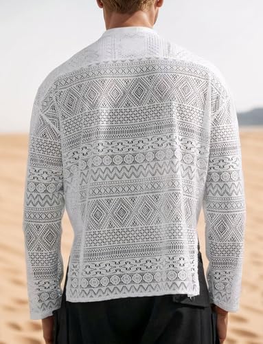 FEOYA Men Lace Mesh 2 Piece Outfits See Through Casual Shirts and Shorts Hollow Out Shorts Set4